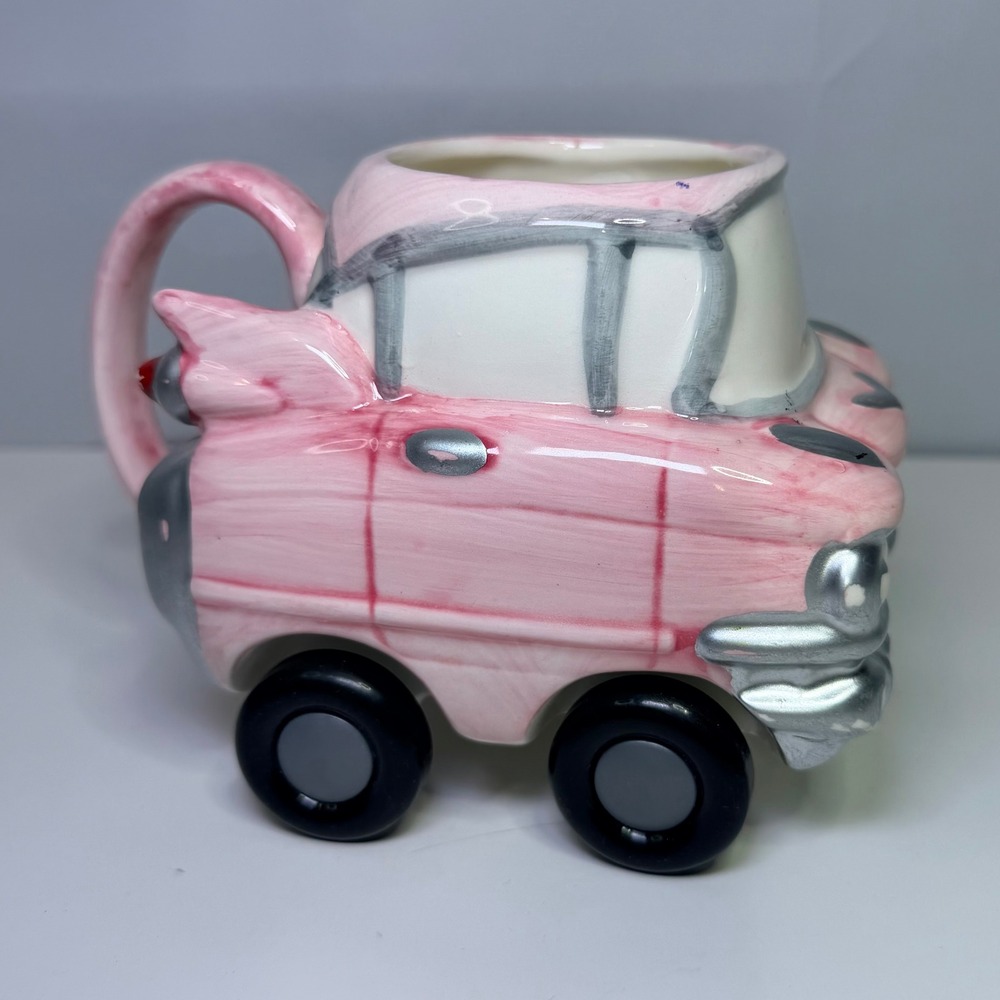 Mary Kay Vintage 1989 Applause Pink Classic Car Ceramic Mug Rolling Wheels Retro